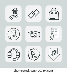 Premium set of outline icons. Such as headset, gift, mobile, property, mortgage, security, technology, college, download, elegance, interface, sale, circle, graduation, paper, call, concept, element