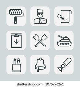 Premium set of outline icons. Such as download, falling, paintbrush, repair, tank, army, paint, work, account, white, profile, note, equipment, painter, list, tool, ring, box, boat, war, bell, alarm