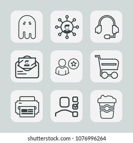 Premium set of outline icons. Such as envelope, market, trolley, profile, microphone, drink, office, sign, mail, printer, cup, business, cutout, dark, coffee, screen, mobile, evil, horror, support