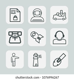 Premium set of outline icons. Such as weapon, market, list, notebook, falling, astronaut, supermarket, telephone, transportation, showing, shopping, sea, shipping, shovel, hand, communication, note