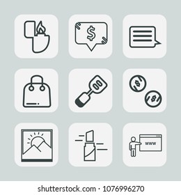 Premium set of outline icons. Such as label, paper, tool, lipstick, currency, makeup, money, lighter, spatula, fire, cigarette, frame, utensil, web, kitchen, message, price, square, sign, cash, red