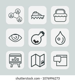Premium set of outline icons. Such as ship, chart, eye, technology, nature, display, grass, equipment, bubble, sea, speech, cargo, shipping, medicine, transport, mobile, communication, picnic, message