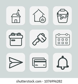 Premium set of outline icons. Such as construction, architecture, container, tool, email, box, window, time, banking, card, screwdriver, business, debit, estate, timetable, hammer, alarm, investment