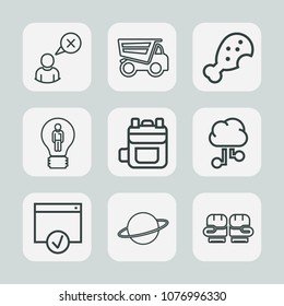 Premium set of outline icons. Such as leather, vehicle, cargo, profile, food, fast, rucksack, idea, boxing, cancel, lorry, space, connection, bag, orbit, chicken, planet, creative, modern, man, tipper