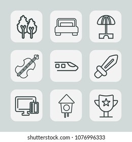 Premium set of outline icons. Such as business, wood, nature, win, payment, parasol, forest, double, prize, summer, cello, landscape, sound, train, musical, sun, home, blade, transportation, tree, bed