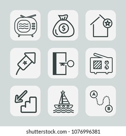 Premium set of outline icons. Such as wireless, escape, favorite, apartment, electronic, tuner, festival, background, ocean, boat, sea, cash, downstairs, finance, money, communication, bank, radio, tv