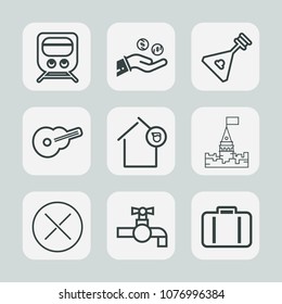 Premium set of outline icons. Such as building, bank, railroad, banking, play, castle, owner, medieval, home, musical, train, faucet, rail, tower, travel, transportation, station, sink, bag, baggage