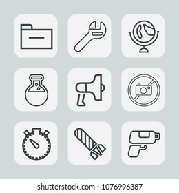 Premium set of outline icons. Such as planet, document, equipment, speaker, announcement, wrench, repair, office, folder, forbidden, service, medicine, paperwork, timer, work, loudspeaker, business