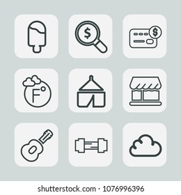 Premium set of outline icons. Such as curtain, music, exercise, card, strawberry, find, finance, cloud, search, internet, summer, sport, travel, technology, thermometer, cream, sweet, shop, camp, food