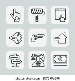 Premium Set Of Outline Icons. Such As Paint, Gun, Point, Index, Mouse, Human, Revolver, Cash, White, Jet, Airplane, Hanger, Door, Call, Doorknob, Brush, Handgun, Internet, Money, Sign, Finger, Click