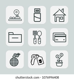 Premium set of outline icons. Such as web, property, device, business, building, debit, technology, restaurant, connector, architecture, key, computer, sign, document, kitchen, arrow, door, network