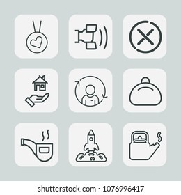 Premium set of outline icons. Such as launch, object, communication, person, classic, estate, hot, rent, sign, leather, gift, shuttle, tobacco, technology, ring, kettle, necklace, pipe, retro, profile