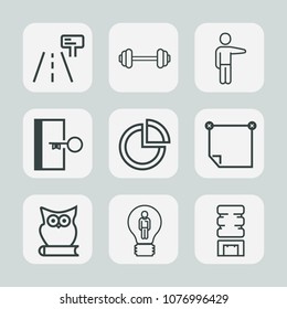 Premium set of outline icons. Such as pie, escape, message, animal, fit, highway, barbell, strength, showing, blank, white, door, idea, street, workout, business, creative, fitness, cold, cooler, note