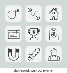 Premium set of outline icons. Such as construction, blank, nuclear, banner, building, award, fashion, explosive, retail, magnetic, buy, place, location, knight, builder, field, destruction, person