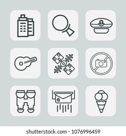 Premium set of outline icons. Such as navy, optical, captain, building, mail, real, magnifying, cap, space, message, communication, view, city, guitar, satellite, hat, letter, ball, house, search, ice