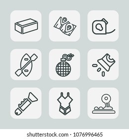 Premium set of outline icons. Such as brick, tape, musical, danger, screen, oar, map, video, gps, boat, water, bugle, woman, projection, web, travel, material, friction, fashion, canoe, swimsuit, jazz