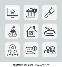 Premium set of outline icons. Such as investment, home, telescope, astronomy, war, worker, house, galaxy, night, army, business, map, pin, concept, team, tank, online, estate, bank, computer, money, 