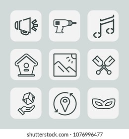 Premium set of outline icons. Such as sign, volume, water, home, box, photo, construction, paddle, work, shipping, canoe, machine, drill, speaker, music, travel, sound, power, loud, audio, landscape