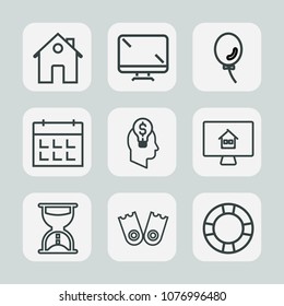 Premium Set Of Outline Icons. Such As Schedule, Screen, Door, Real, Equipment, Holiday, Air, Flipper, Summer, Modern, Inflatable, Monitor, Timer, Water, Balloon, House, Computer, Pool, Property, Party