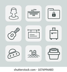 Premium set of outline icons. Such as security, ship, guitar, safety, space, white, banner, luggage, basket, computer, music, ufo, technology, social, pc, keyboard, document, summer, digital, poster