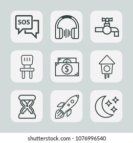 Premium set of outline icons. Such as house, earphone, night, bird, stereo, music, room, science, emergency, rocket, comfortable, call, home, sound, sos, time, clock, hour, wooden, timer, faucet, tap