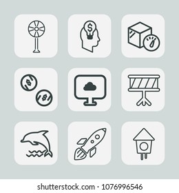 Premium set of outline icons. Such as box, science, cooler, package, cool, wildlife, launch, instrument, business, cash, nature, wooden, rotation, wind, success, house, ventilator, fan, music, ocean