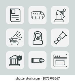 Premium set of outline icons. Such as equipment, night, earth, gramophone, vintage, car, communication, bus, music, oven, identity, bullet, business, kitchen, finance, military, left, weapon, center