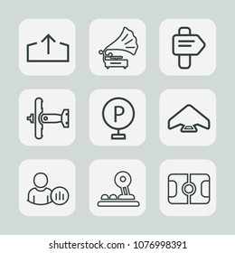 Premium set of outline icons. Such as sign, military, jump, entertainment, music, football, play, war, vintage, download, stadium, car, extreme, parachute, gramophone, lot, business, player, sound