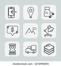 Premium set of outline icons. Such as table, mobile, truck, phone, health, business, frame, white, lamp, time, sand, location, transfer, medical, lorry, square, internet, pharmacy, web, interior, hour