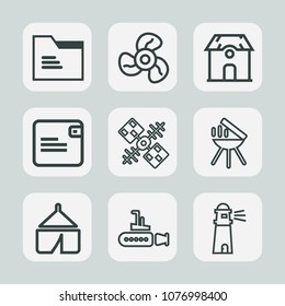 Premium set of outline icons. Such as global, building, folder, bbq, architecture, camp, business, electric, light, cooking, grill, wind, nature, file, cooling, travel, communication, air, paper, open