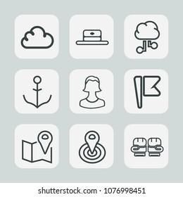 Premium set of outline icons. Such as fight, business, nautical, sport, web, connection, ship, head, fashion, object, map, nation, computer, boxing, wheel, cloud, competition, helm, point, radius, cap