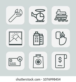 Premium set of outline icons. Such as money, helicopter, equipment, aircraft, sale, bag, tool, flame, blank, maintenance, industry, mechanic, photo, lighter, ship, wrench, repair, retail, transport