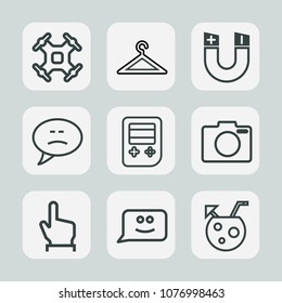 Premium set of outline icons. Such as message, touch, south, cocktail, photo, summer, lens, speech, juice, hanger, copter, science, smile, bubble, control, attraction, chat, rack, propeller, shop, web