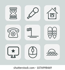 Premium set of outline icons. Such as voice, karaoke, timer, morning, sun, estate, telephone, real, speech, blue, hourglass, sand, building, property, beach, glass, architecture, cell, home, device, 