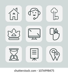 Premium Set Of Outline Icons. Such As House, King, Digital, Property, Business, Estate, Old, Display, Queen, Construction, Lock, Key, Road, Royal, Call, Metal, Monitor, Lighter, Sand, Timer, Modern