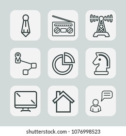 Premium set of outline icons. Such as location, male, map, cell, play, broadcast, pie, screen, volume, display, game, chessboard, player, home, businessman, music, technology, white, mobile, fashion