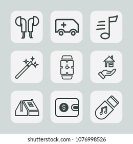 Premium set of outline icons. Such as emergency, estate, roof, earphone, magician, technology, home, wallet, wizard, time, musical, accident, finance, city, device, music, hand, transport, car, stereo