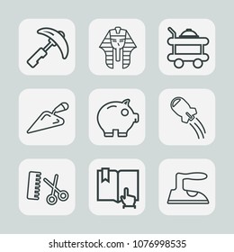 Premium set of outline icons. Such as history, shovel, industry, book, equipment, click, domestic, economy, spaceship, archeology, pharaoh, housework, salon, culture, technology, hotel, egyptian, hair