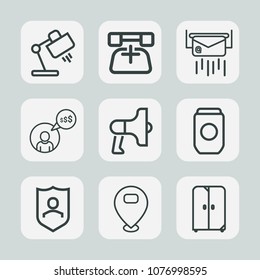 Premium set of outline icons. Such as loud, sign, call, protect, mail, tin, security, work, container, light, computer, modern, announcement, aluminum, can, business, phone, support, map, envelope