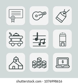 Premium set of outline icons. Such as music, guitar, paper, tag, storehouse, meal, bed, template, achievement, construction, musical, certificate, concert, luxury, room, elegant, white, sound, screen