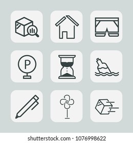 Premium set of outline icons. Such as fan, hour, ventilator, architecture, trend, shipment, education, write, vehicle, water, estate, fashion, transportation, sand, hand, drink, time, road, cooler