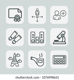 Premium set of outline icons. Such as vintage, retro, road, pipe, classic, microscope, biology, tobacco, button, vision, eiffel, diploma, landmark, france, location, sign, user, spy, success, audio
