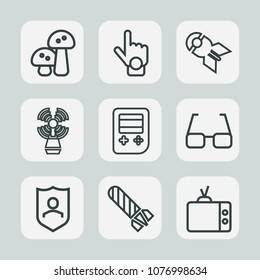 Premium set of outline icons. Such as web, beacon, direction, protection, hand, champignon, power, security, falling, index, fungus, natural, point, vegetable, fire, sea, bomb, sign, vegetarian, human