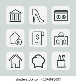 Premium set of outline icons. Such as stereo, travel, sale, elegant, food, box, fashion, shoe, real, female, chief, castle, greece, uniform, cook, summer, girl, house, style, sea, sign, architecture