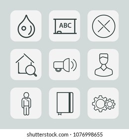 Premium set of outline icons. Such as boy, profile, education, page, blank, button, estate, school, liquid, notebook, paper, real, communication, no, chalkboard, rain, man, abstract, board, human, wet