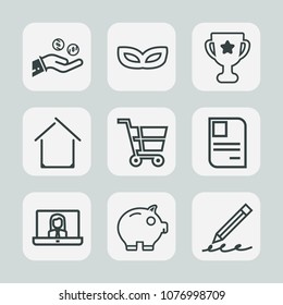Premium set of outline icons. Such as festival, building, banking, mask, estate, economy, celebration, costume, education, money, holiday, winner, call, first, hand, business, currency, award, home