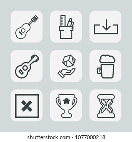Premium set of outline icons. Such as concert, clock, timer, stationery, music, table, sound, shipping, paper, web, object, package, pub, achievement, beer, white, cargo, equipment, winner, box, time