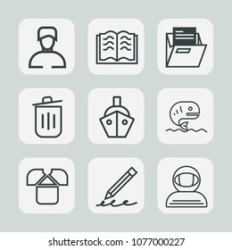 Premium set of outline icons. Such as science, garbage, empty, object, sea, boat, blank, file, male, white, vessel, recycling, young, write, astronaut, page, folder, fish, pencil, open, fashion, space