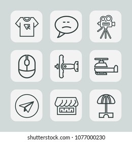 Premium set of outline icons. Such as lens, print, talk, computer, aviation, video, shop, email, airplane, fashion, message, white, helicopter, retro, communication, internet, device, aircraft, dialog