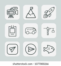 Premium set of outline icons. Such as move, food, space, hill, microphone, television, lens, bus, landscape, video, panorama, white, tripod, digital, construction, left, saw, communication, camera